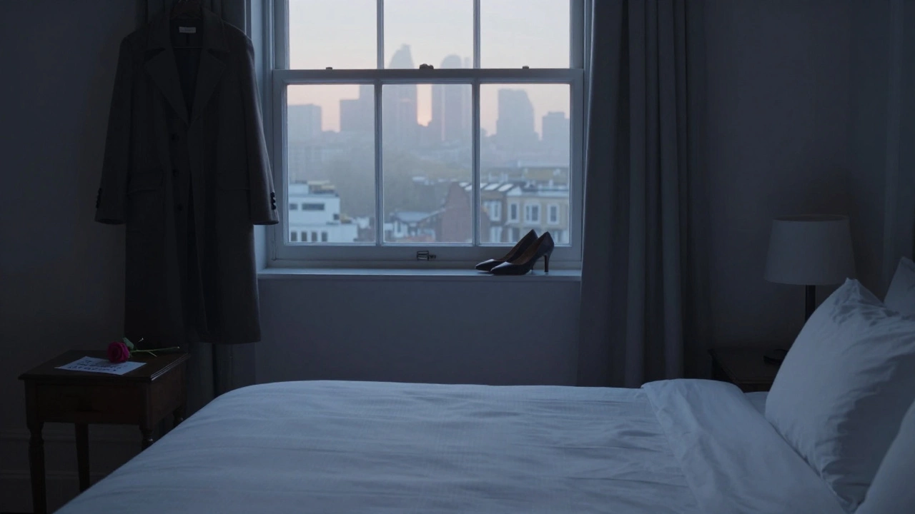 An empty hotel room at dawn with a rose and note on the nightstand, implying a respectful, private meeting.