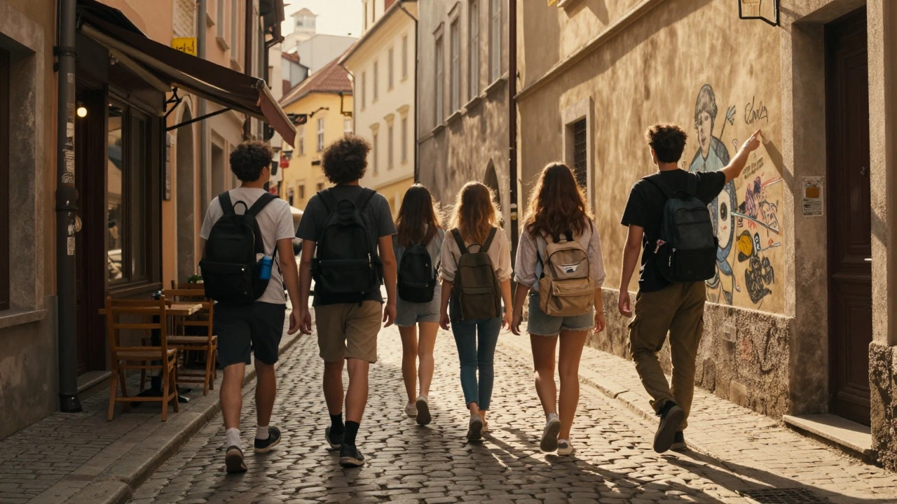Group on a walking tour led by a woman through a city&#039;s hidden alleyway at golden hour.