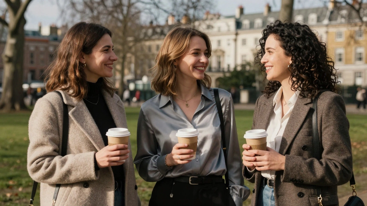 Three women from Eastern Europe smiling together in a London park, dressed in stylish, everyday clothing.